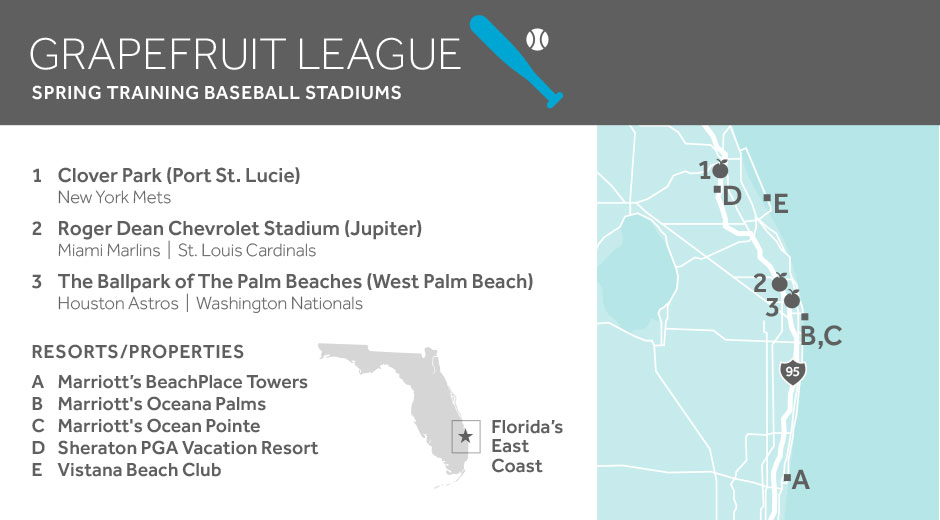 Florida - Grapefruit League map of east coast stadiums and resorts